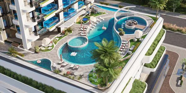 Современные апартаменты с частными бассейнами, в многоэтажном жилом комплексе с развитой инфраструктурой, JVC, Дубай, ОАЭ