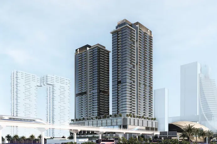 Новая резиденция Avenue Park Towers с бассейнами и парком рядом со станцией метро и международным аэропортом, Wasl 1, Дубай, ОАЭ